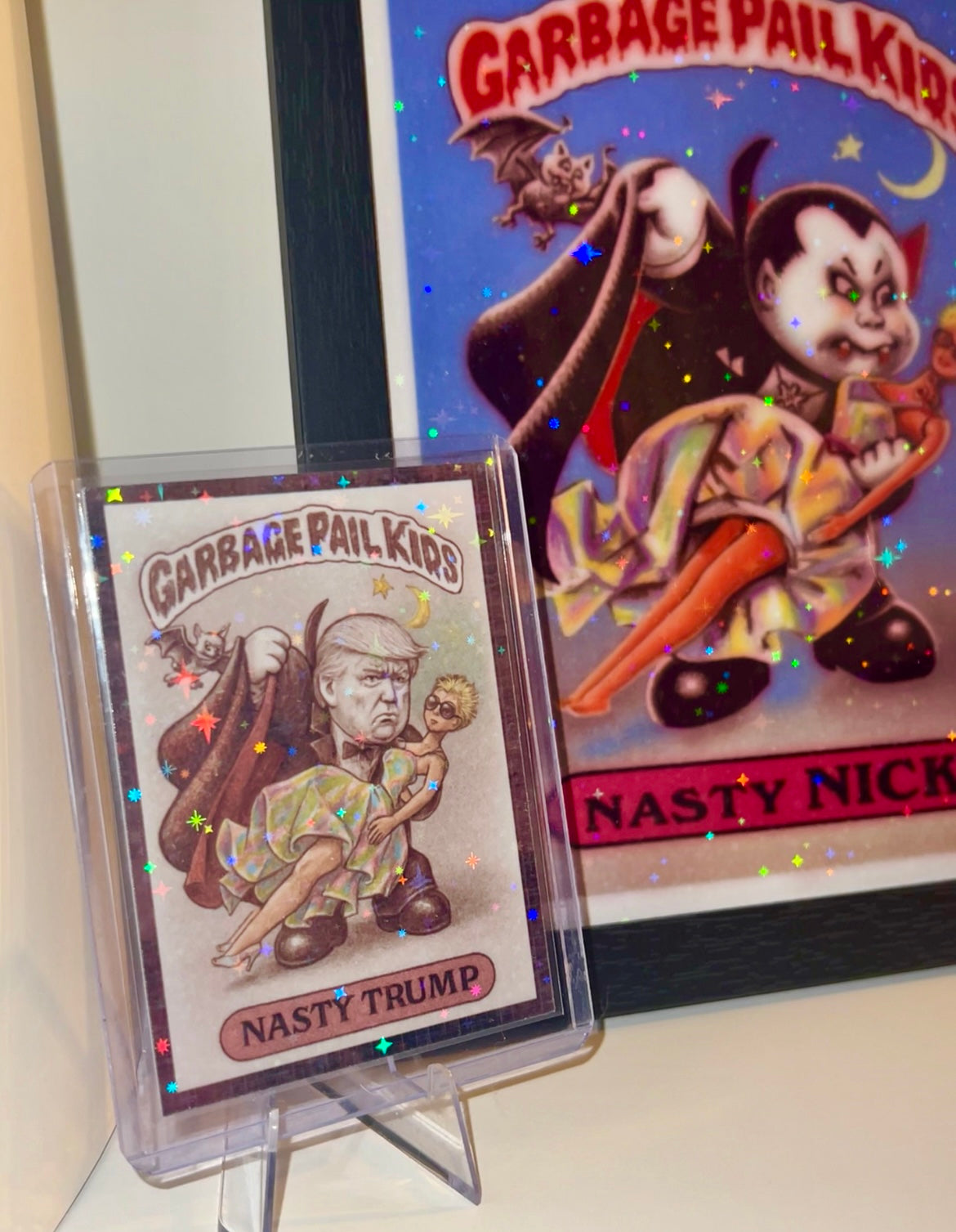The Garbage Pail Kids ~ Donald Trump Sketchy Past Holographic Trading Card W/ Nasty Nick Holo Picture Frame